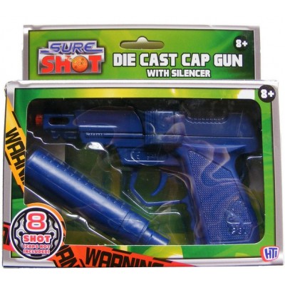 Sure Shot Blue Die Cast Metal 8 Shot Cap Gun with Plastic Silencer Sure Shot Blue Die Cast Metal 8 Shot Cap Gun with Plastic Silencer