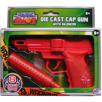 Sure Shot Red Die Cast Metal 8 Shot Cap Gun with Plastic Silencer Sure Shot Red Die Cast Metal 8 Shot Cap Gun with Plastic Silencer